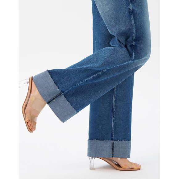 Women's High Waisted Stretch Wide Leg Denim Jeans Cuffed Baggy Pants - Picture 4 of 6